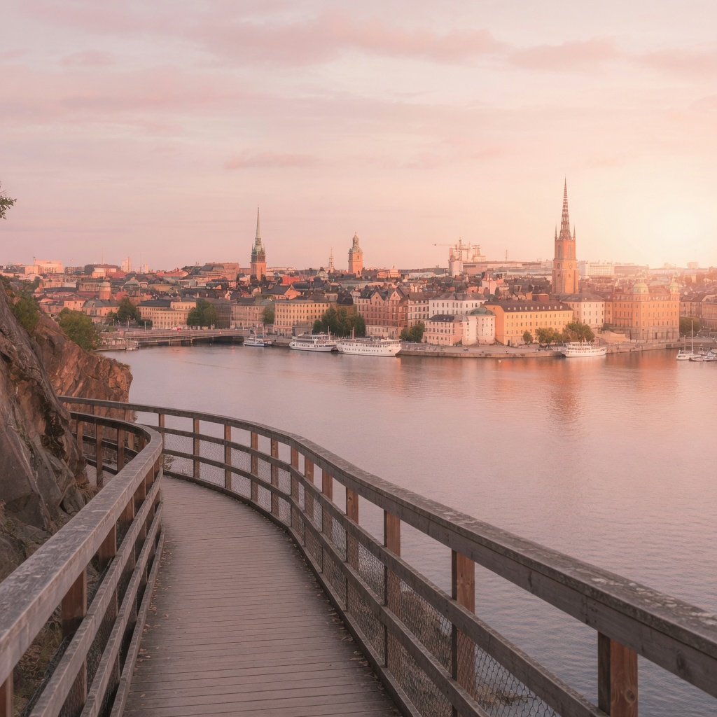 The cliff path of Monteliusvägen above Lake Mälaren at sunset