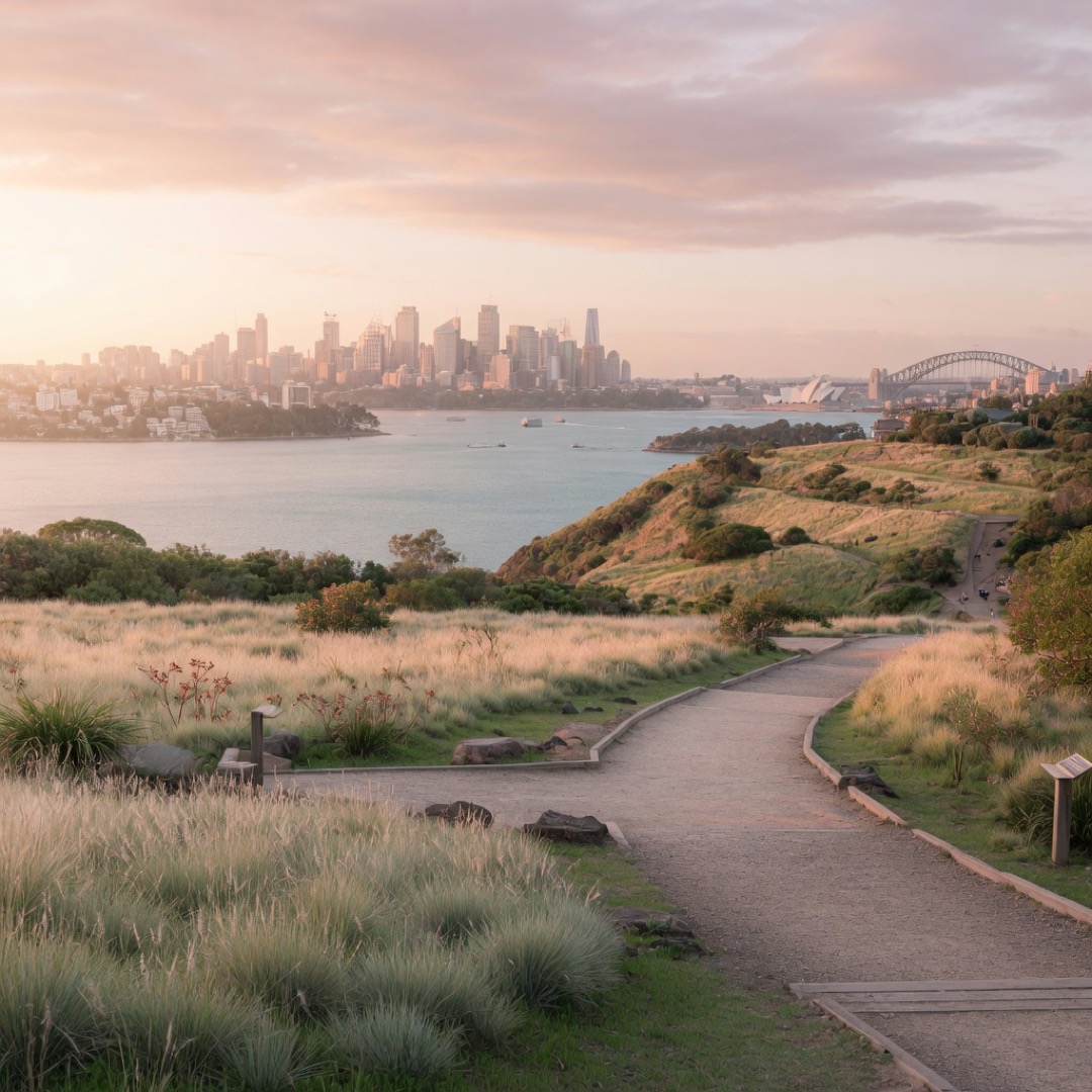 The regenerated headland of Barangaroo Reserve above the harbour
