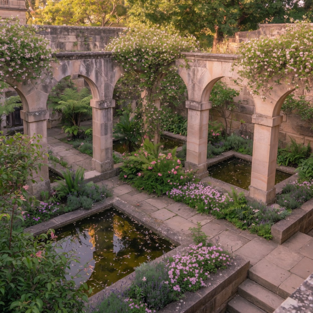 The sunken gardens and colonnades of Paddington Reservoir