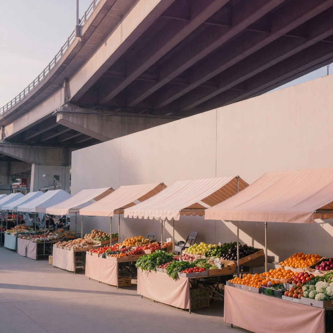 Market stalls in The Rocks with the Harbour Bridge above