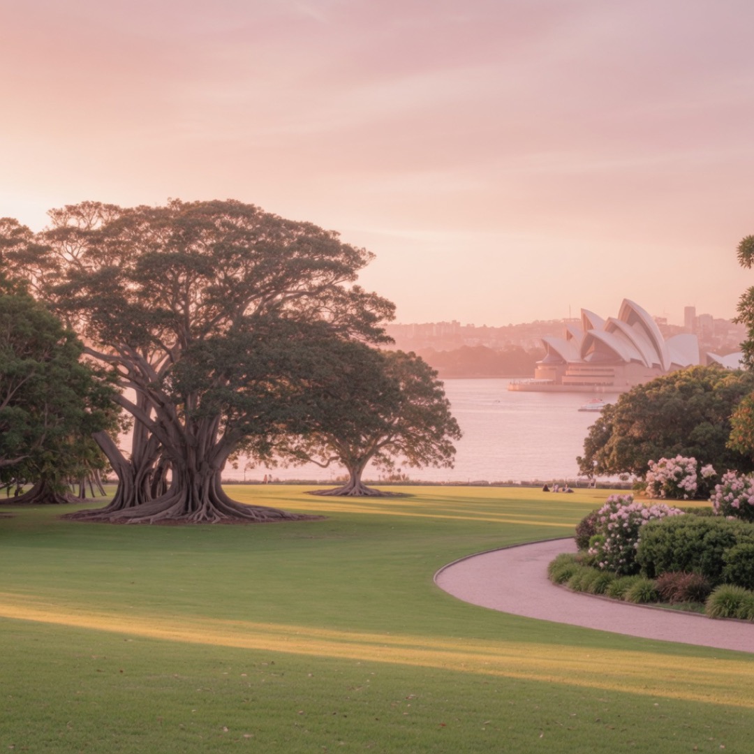 The lawns of the Royal Botanic Garden with the harbour behind