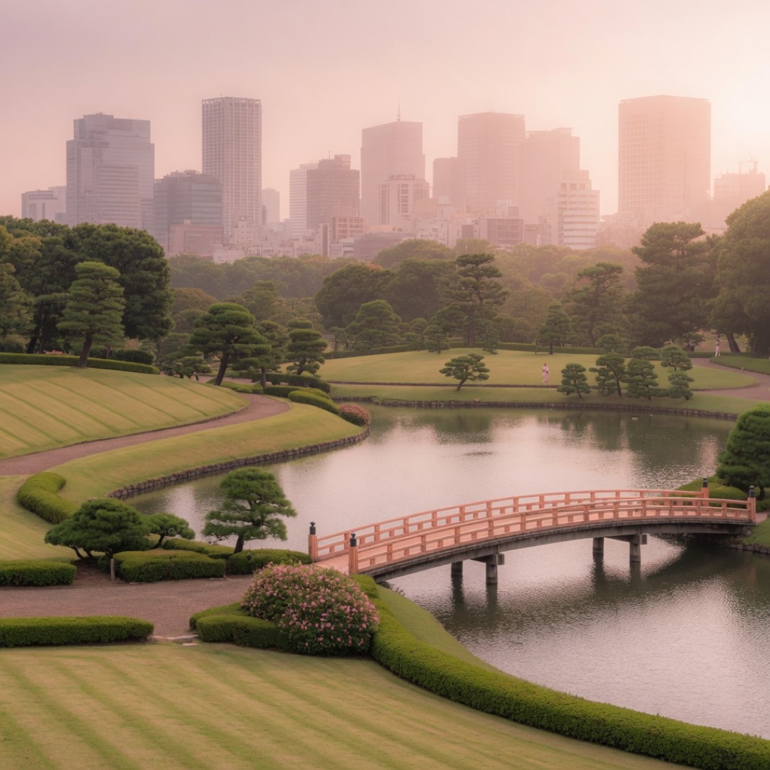 Pond and garden paths at Hamarikyu Gardens, Tokyo