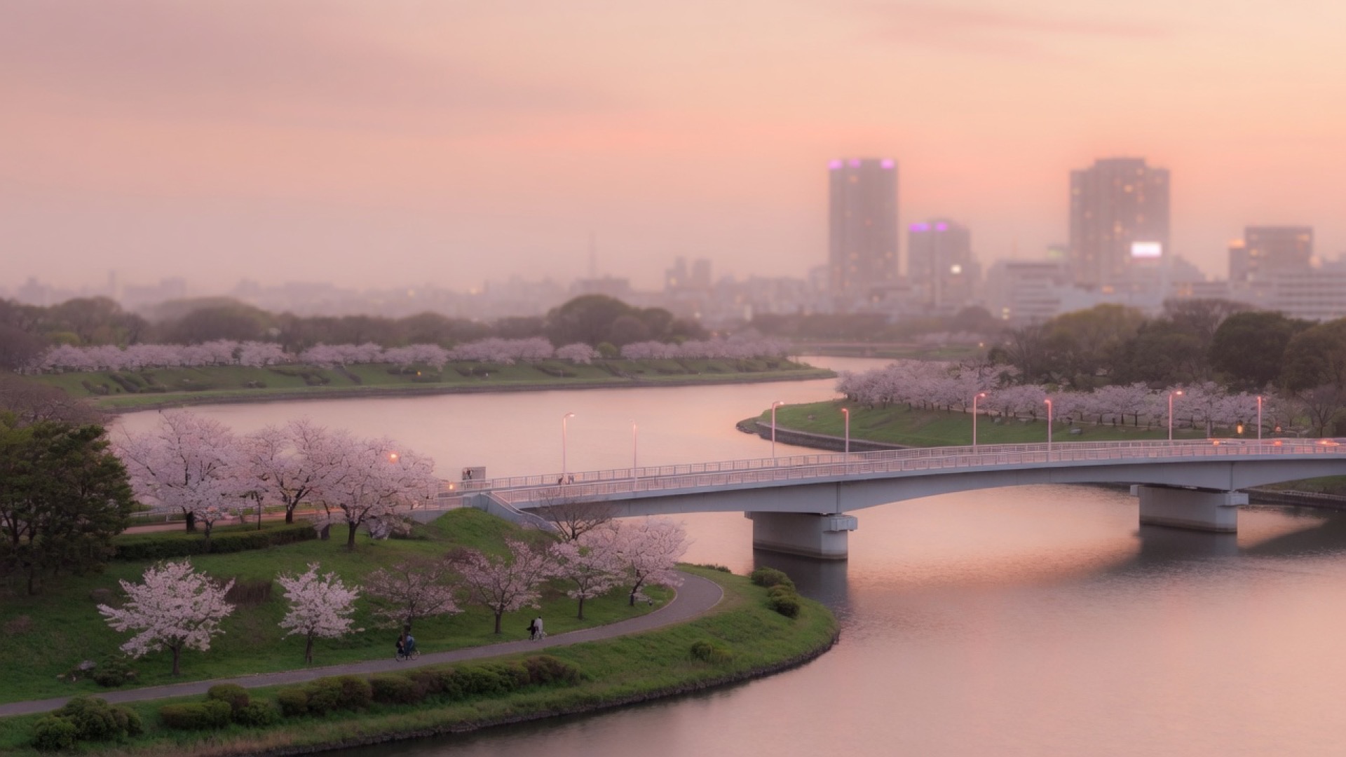 Park with a river, bridge, and distant city skyline at dusk in Tokyo