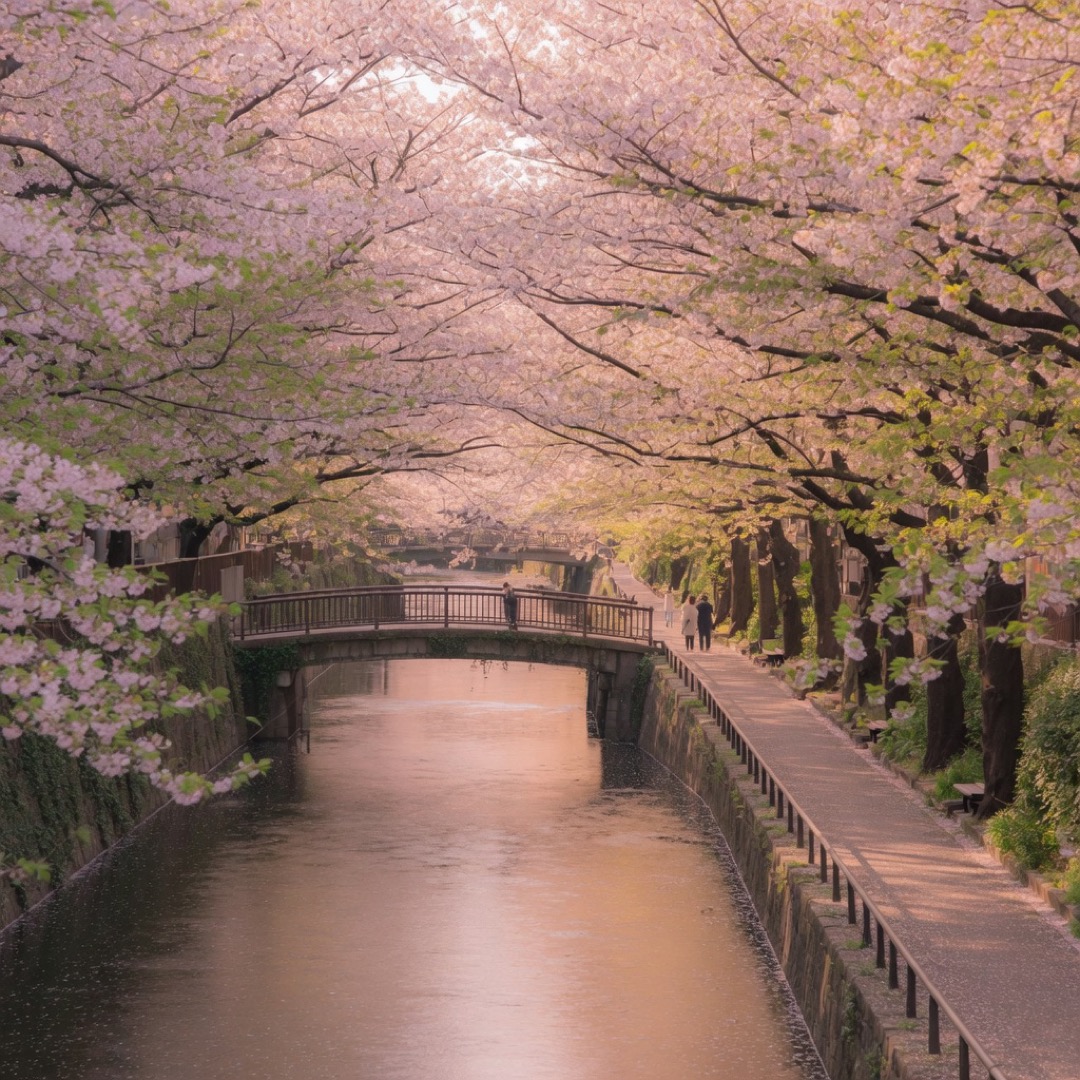 Tree-lined Meguro River walk in Nakameguro, Tokyo