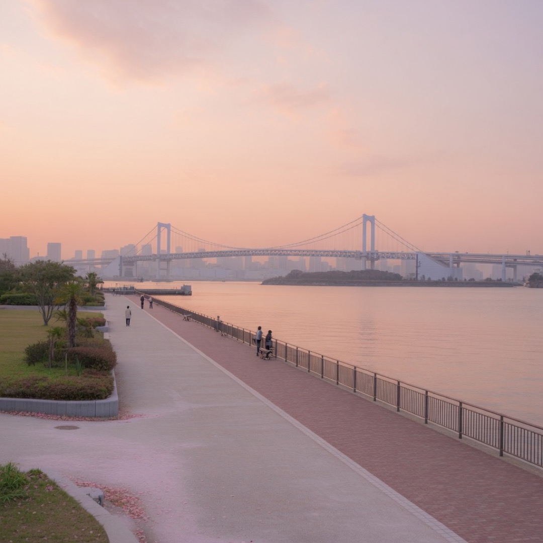Seaside park path with bay views in Odaiba, Tokyo