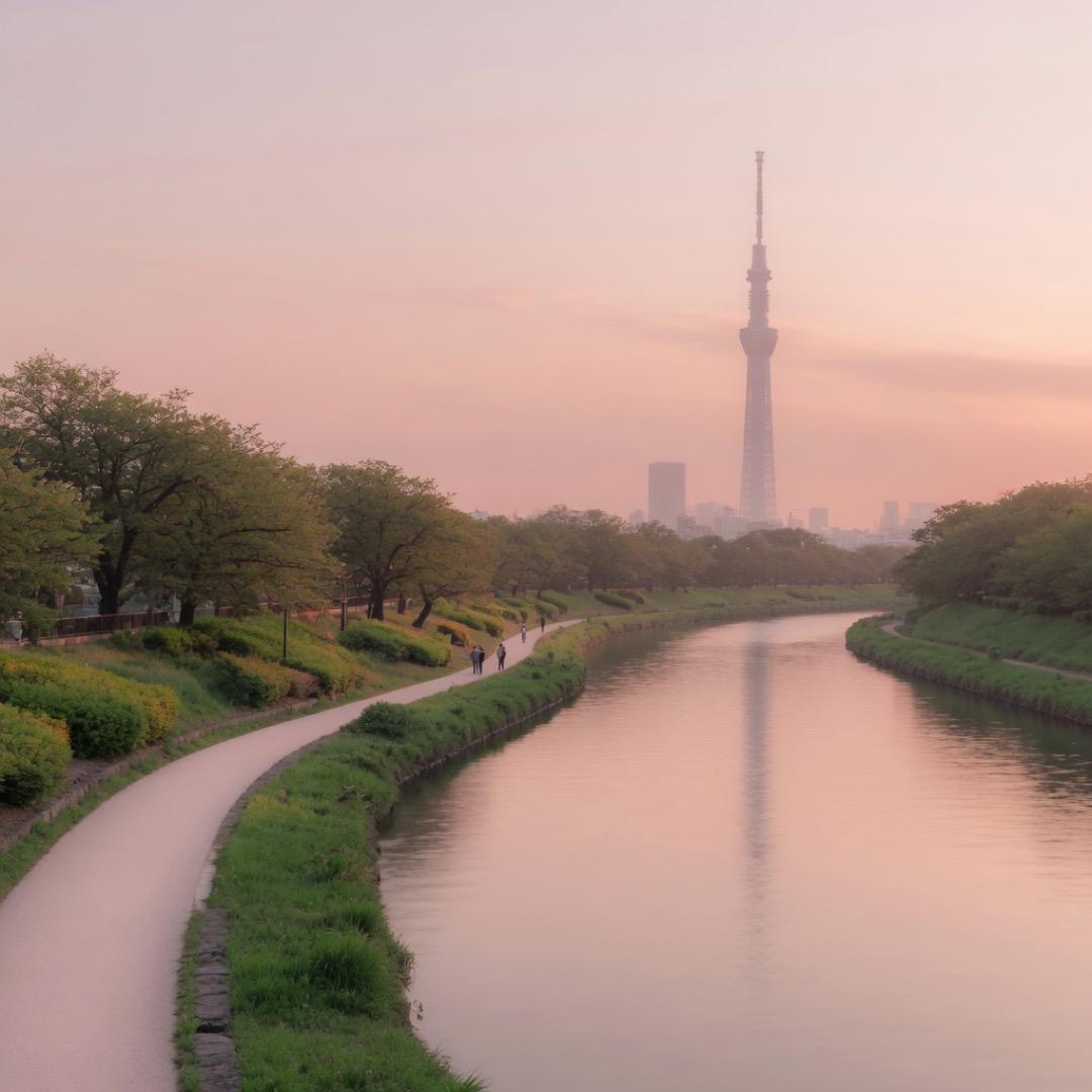 River path along the Sumida River in Tokyo