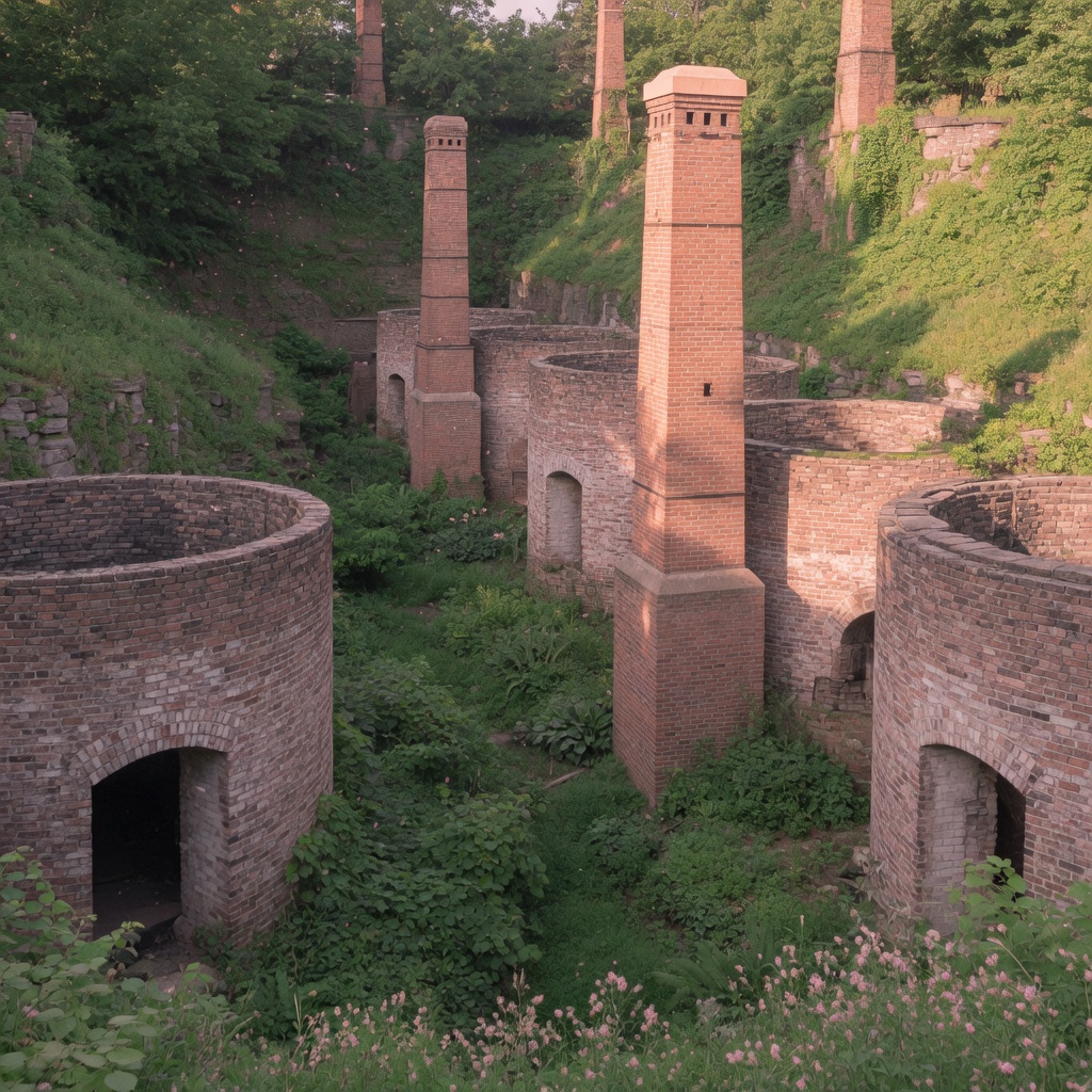 Old brick kilns and green gardens of Evergreen Brick Works in the ravine
