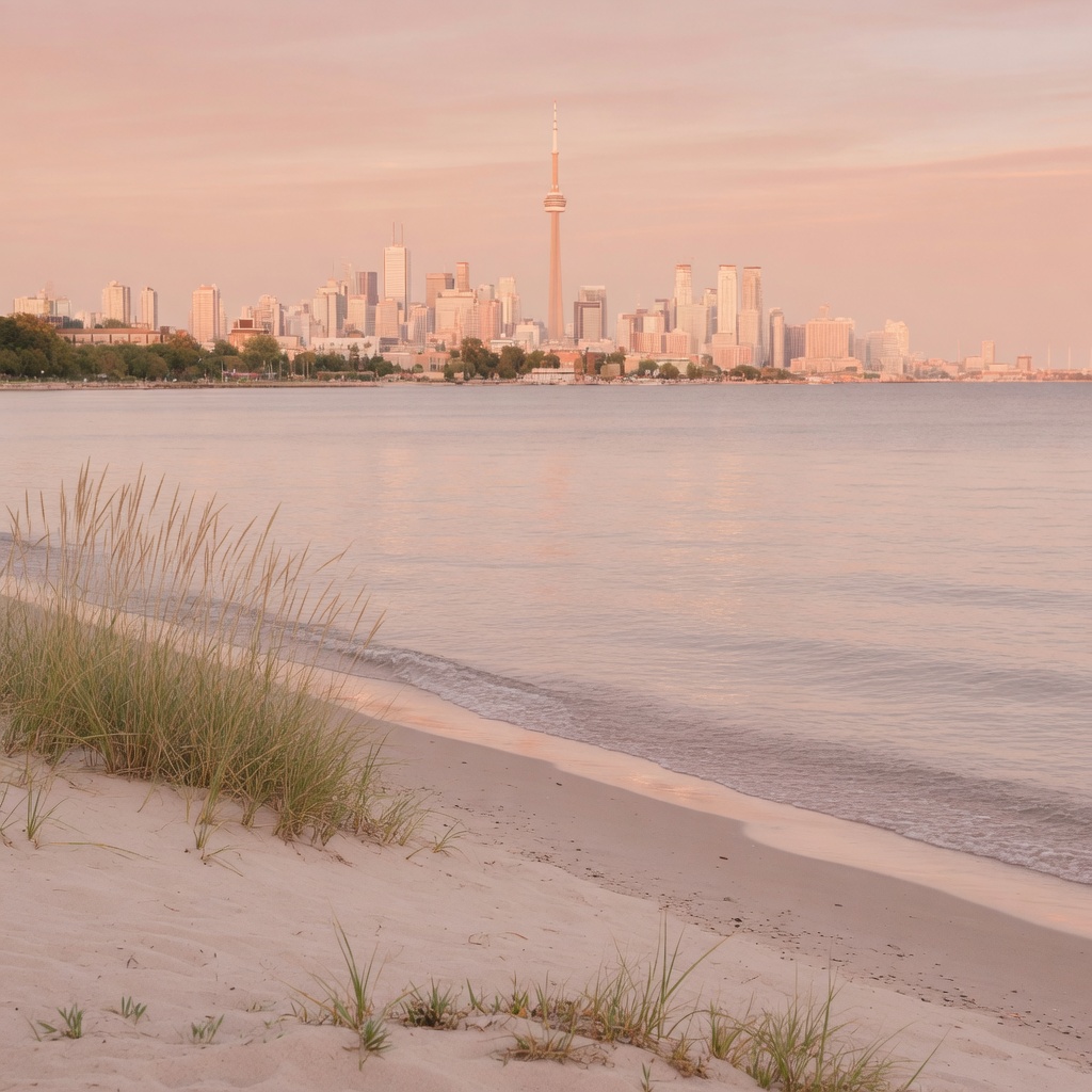 The waterfront sand of Cherry Beach with the skyline behind