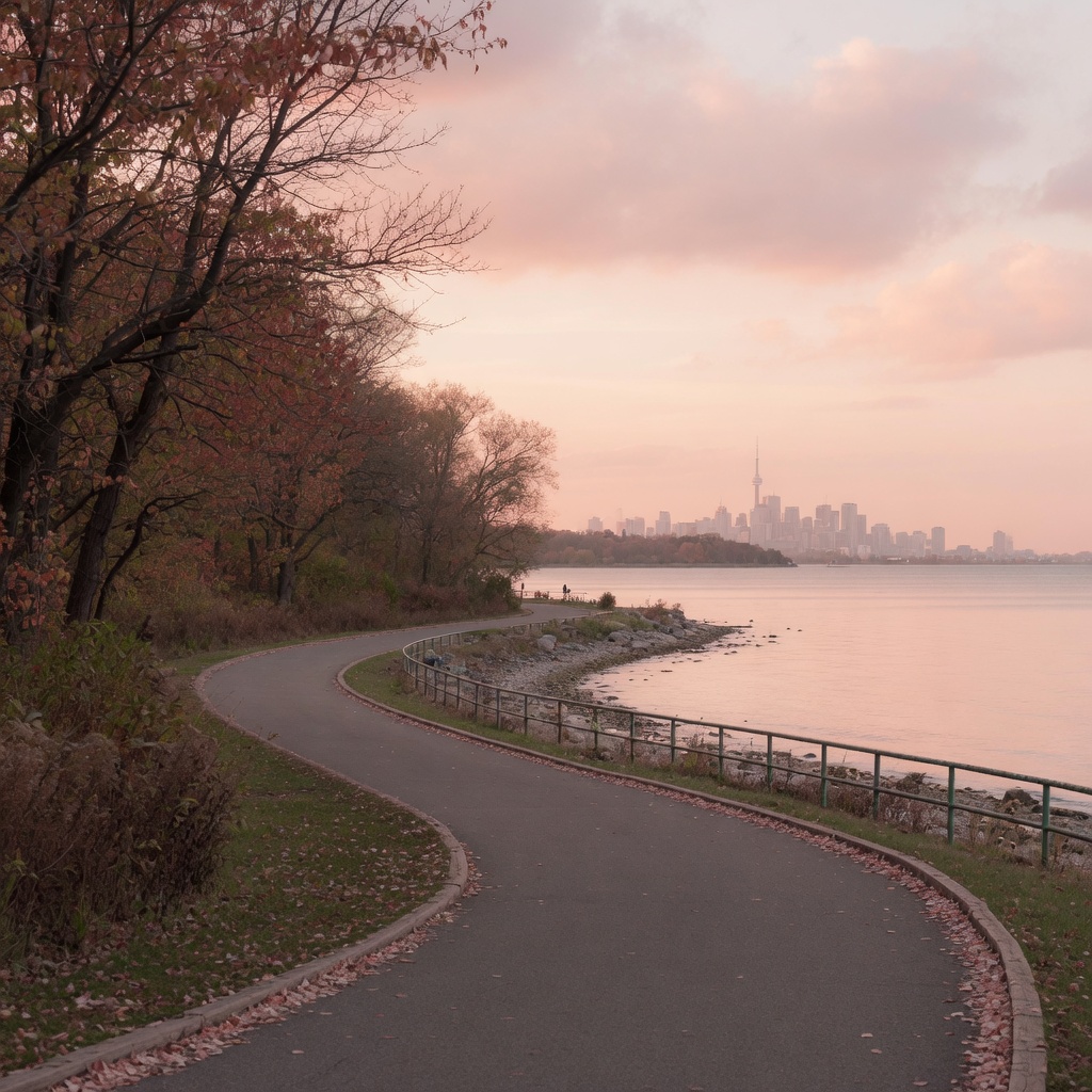 The west waterfront paths of Humber Bay Park at sunset