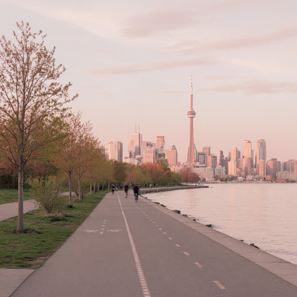 The lakefront trail with the Toronto skyline along Queen's Quay