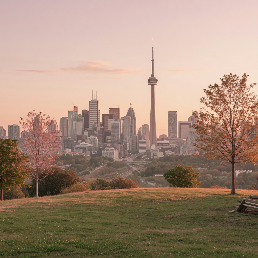 The hilltop of Riverdale Park with the downtown skyline at sunset