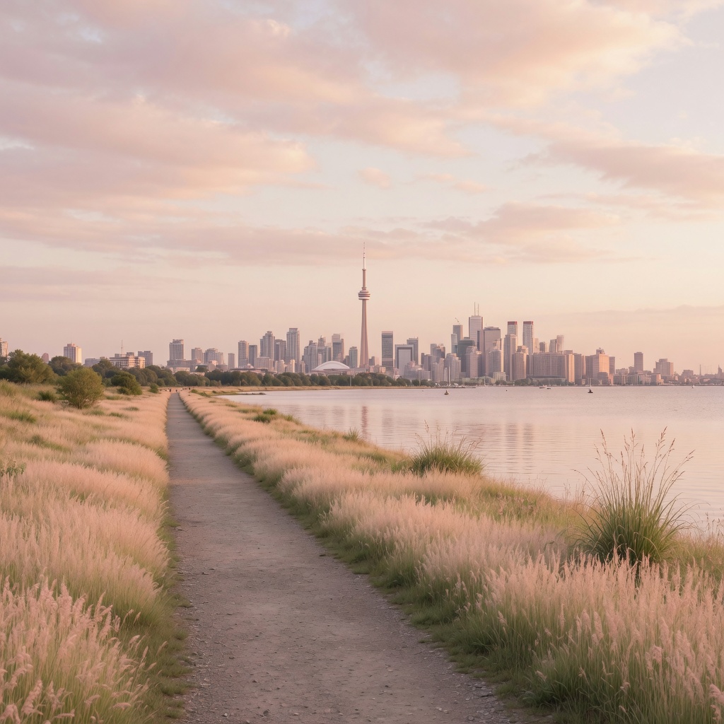 The flat trails of Tommy Thompson Park with the skyline across the water