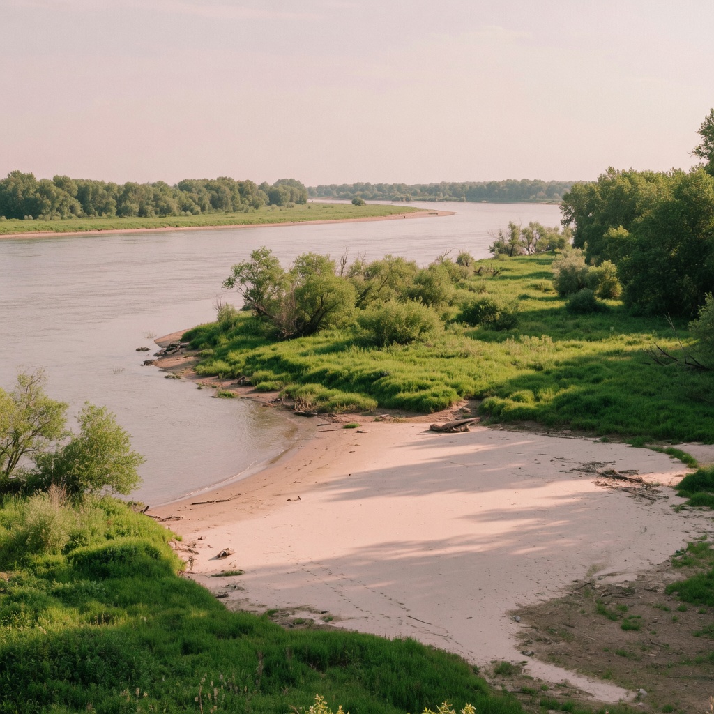 The wide green banks of the Donauinsel with the New Danube in the sun