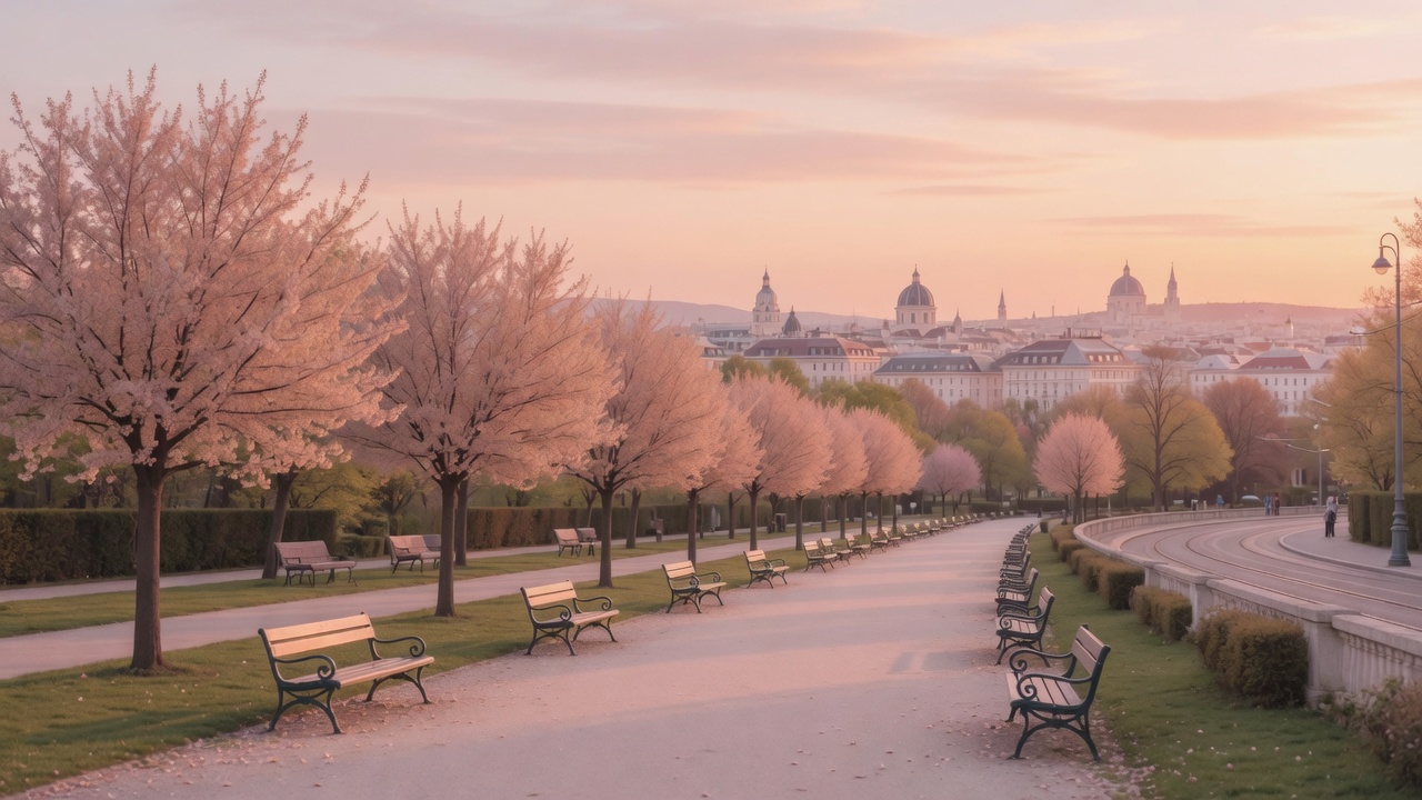 Vienna golden hour over the Ringstrasse park belt toward the city skyline