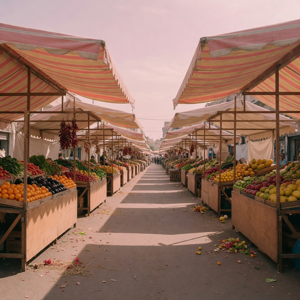 Colourful food stalls of Vienna’s Naschmarkt in late afternoon light