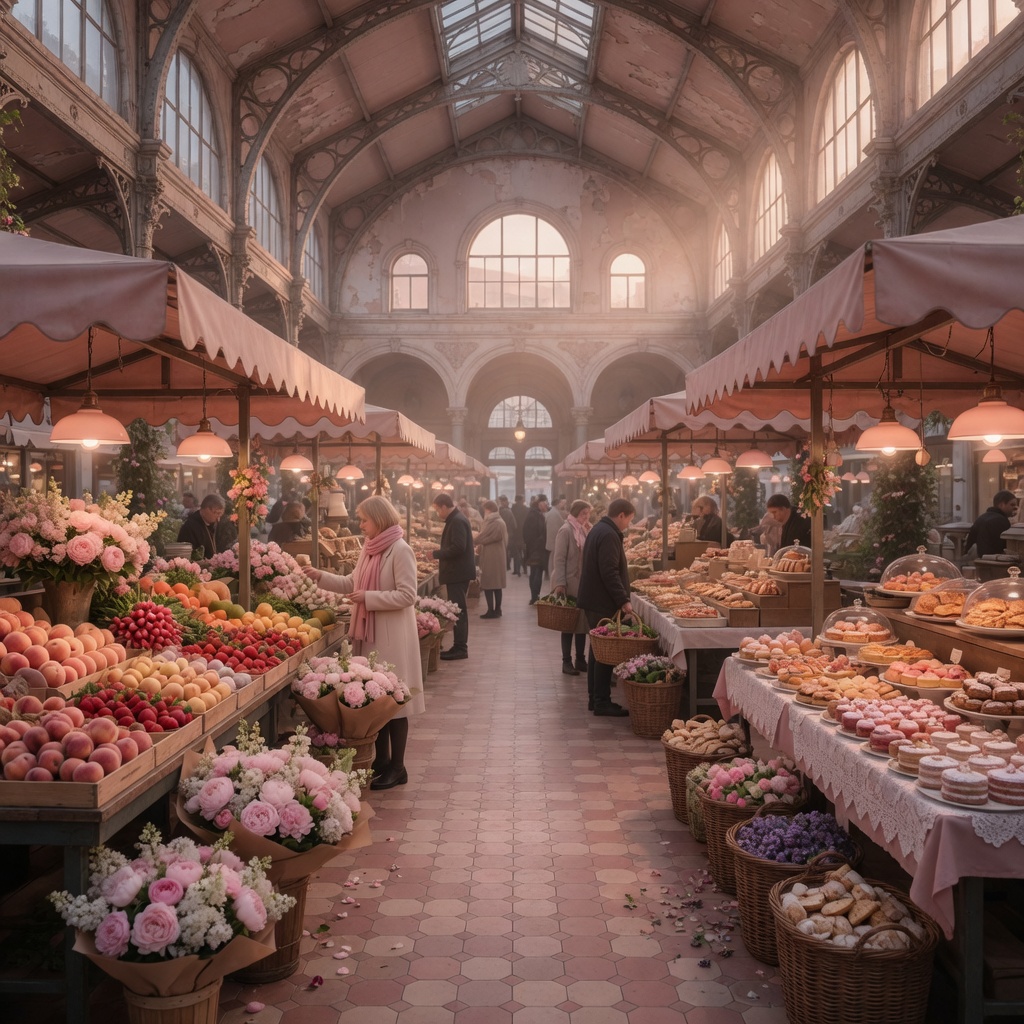 The historic hall of Hala Koszyki with food stalls and warm light