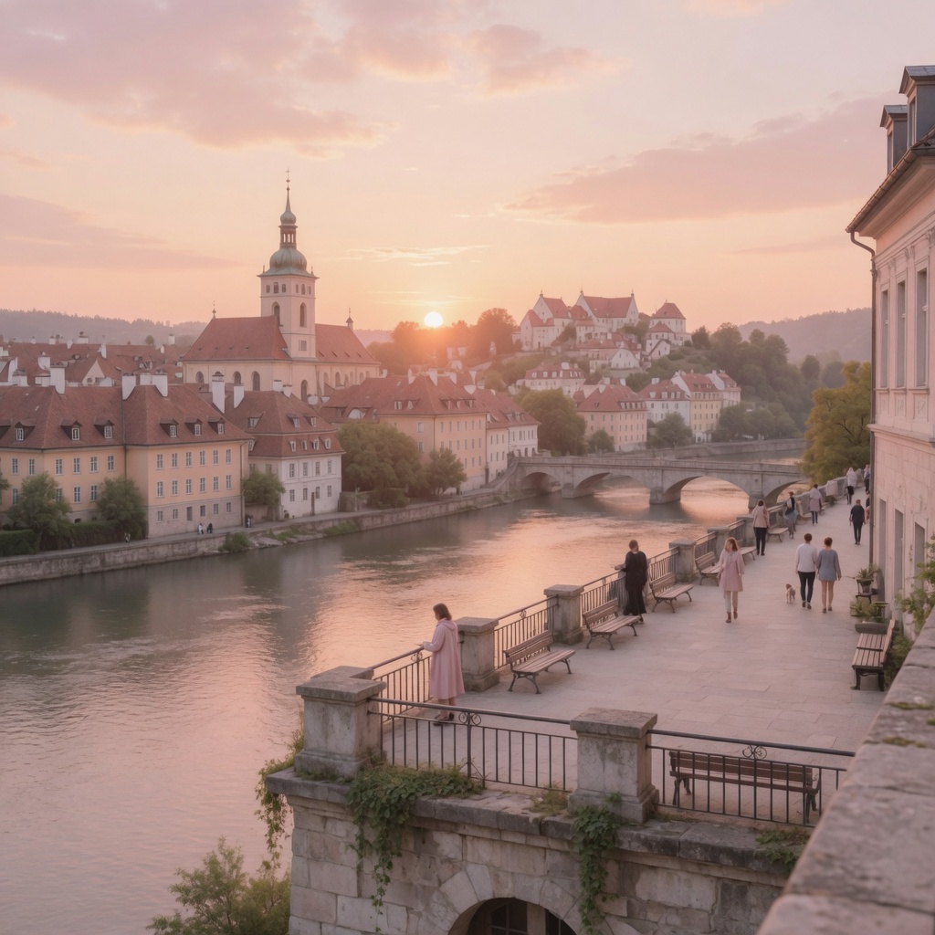 The Podzamcze viewing terrace above the Vistula at golden hour