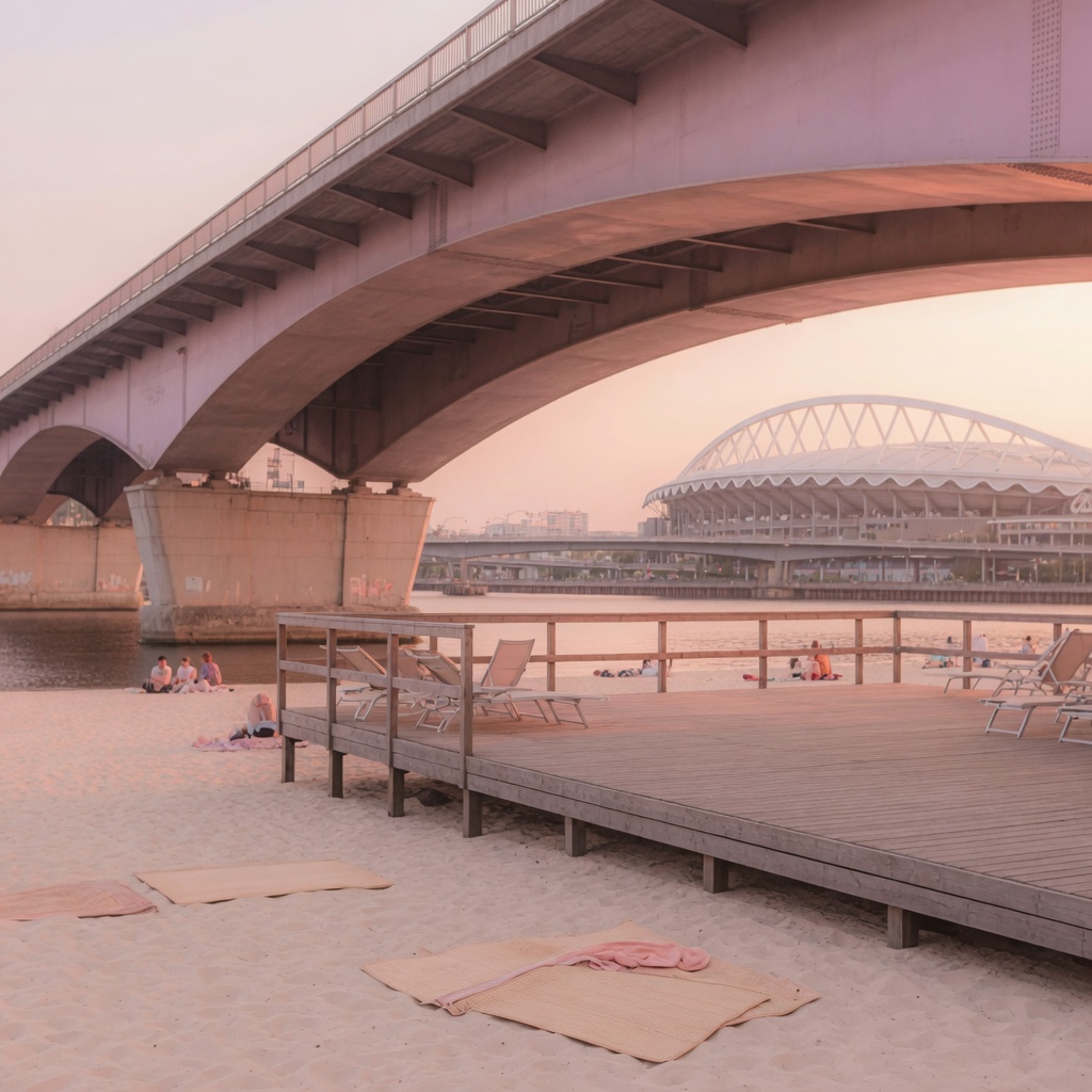 Sand beach and loungers at Poniatówka under the Poniatowski Bridge