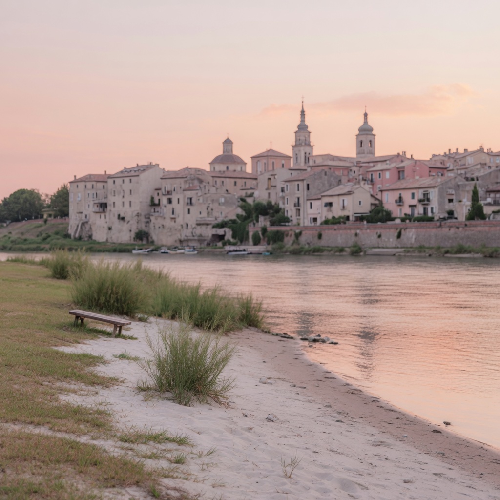 Quiet river beach with the Warsaw Old Town skyline across the water