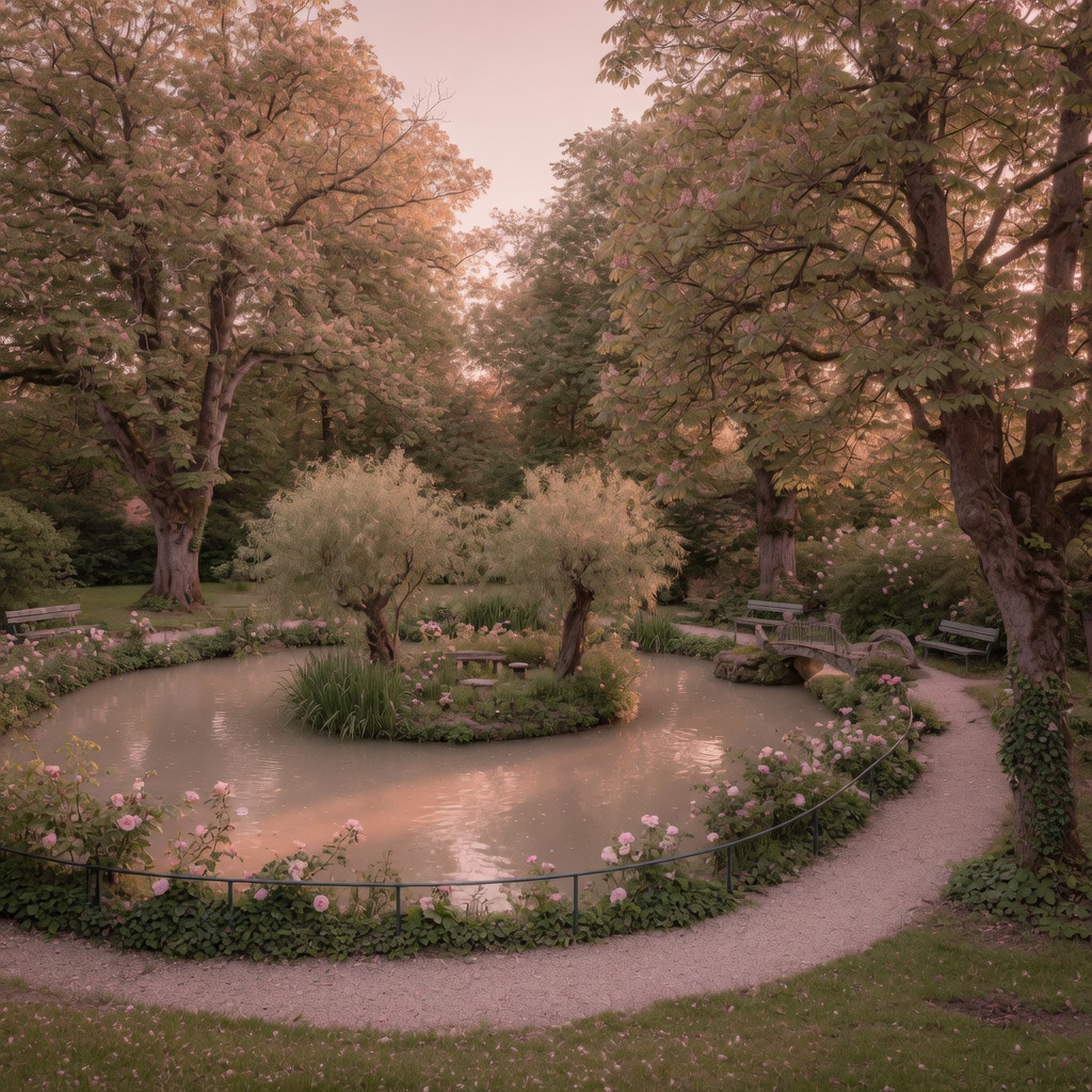 The pond with an island in Park Ujazdowski among old trees