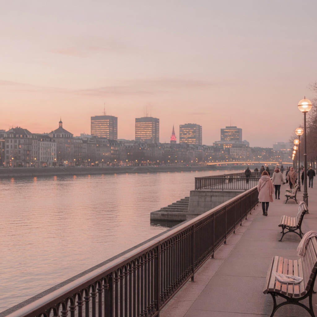 The Vistula boulevards with the Old Town skyline at dusk