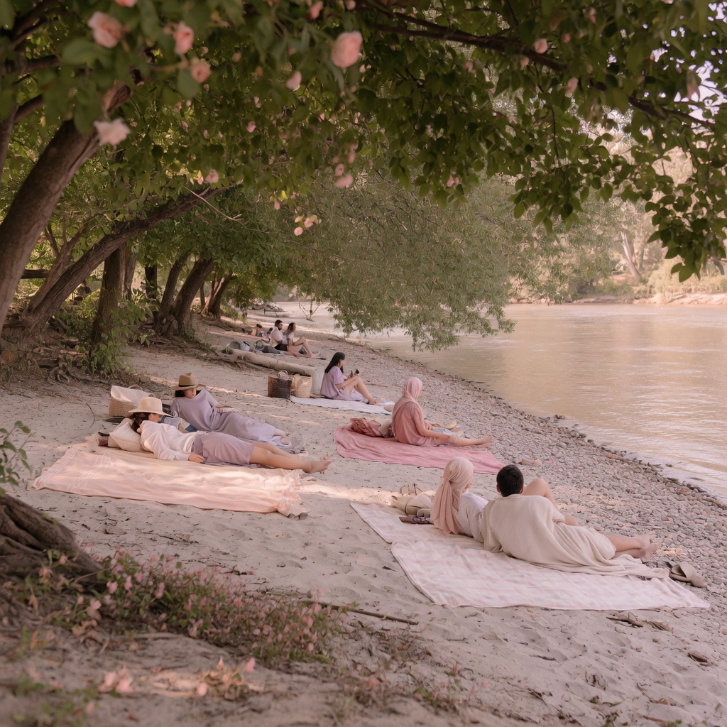 Shaded river beach at Żoliborz in late afternoon