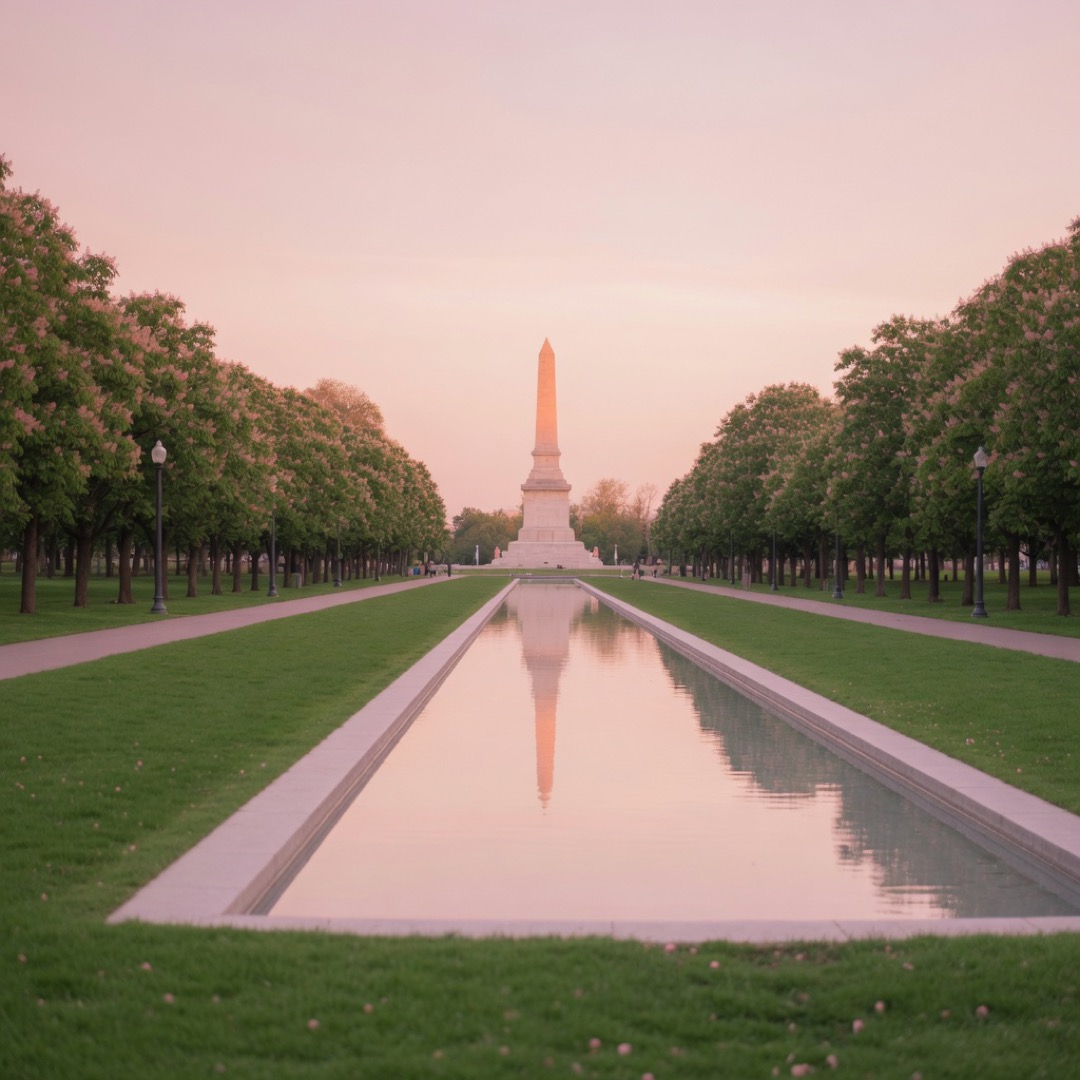 Green lawn and monuments on the National Mall, Washington